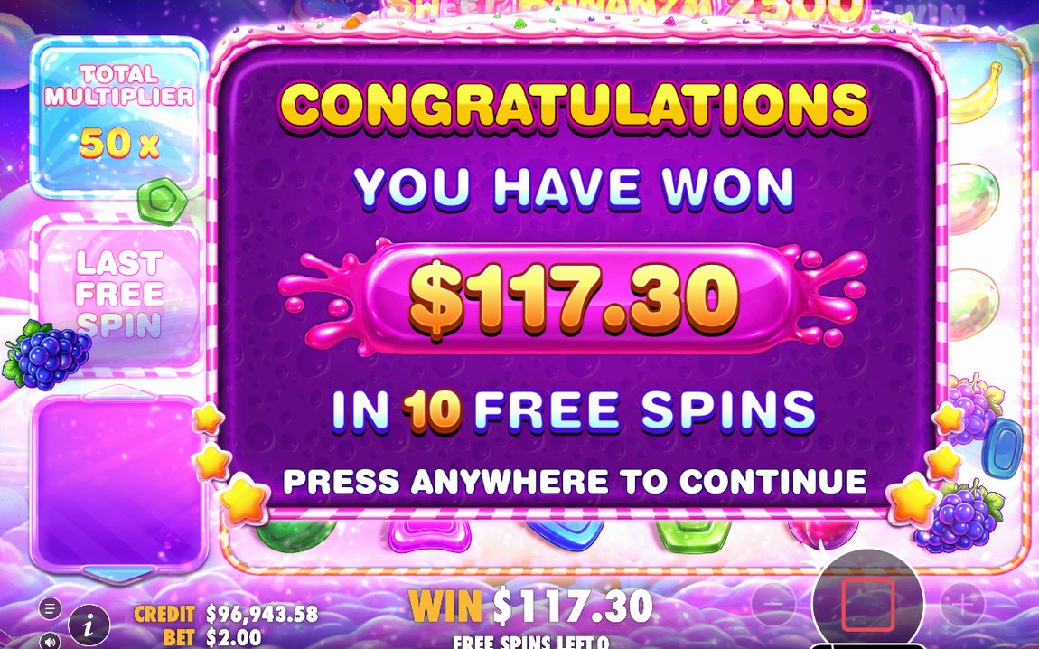 Vinstskärm från Free Spins där MULTIPLIER-bomben ingår